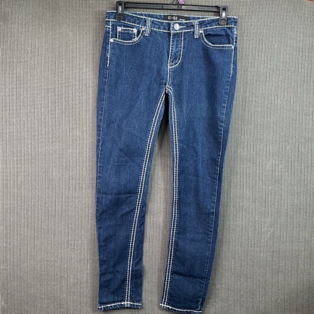 U-51 Womens Size 11/12 Blue Skinny Jeans Mid Rise 5 pocket Contrast Stitching
